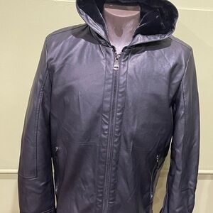 Deniko coat black hoody modern fit faux fur lining synthetic leather